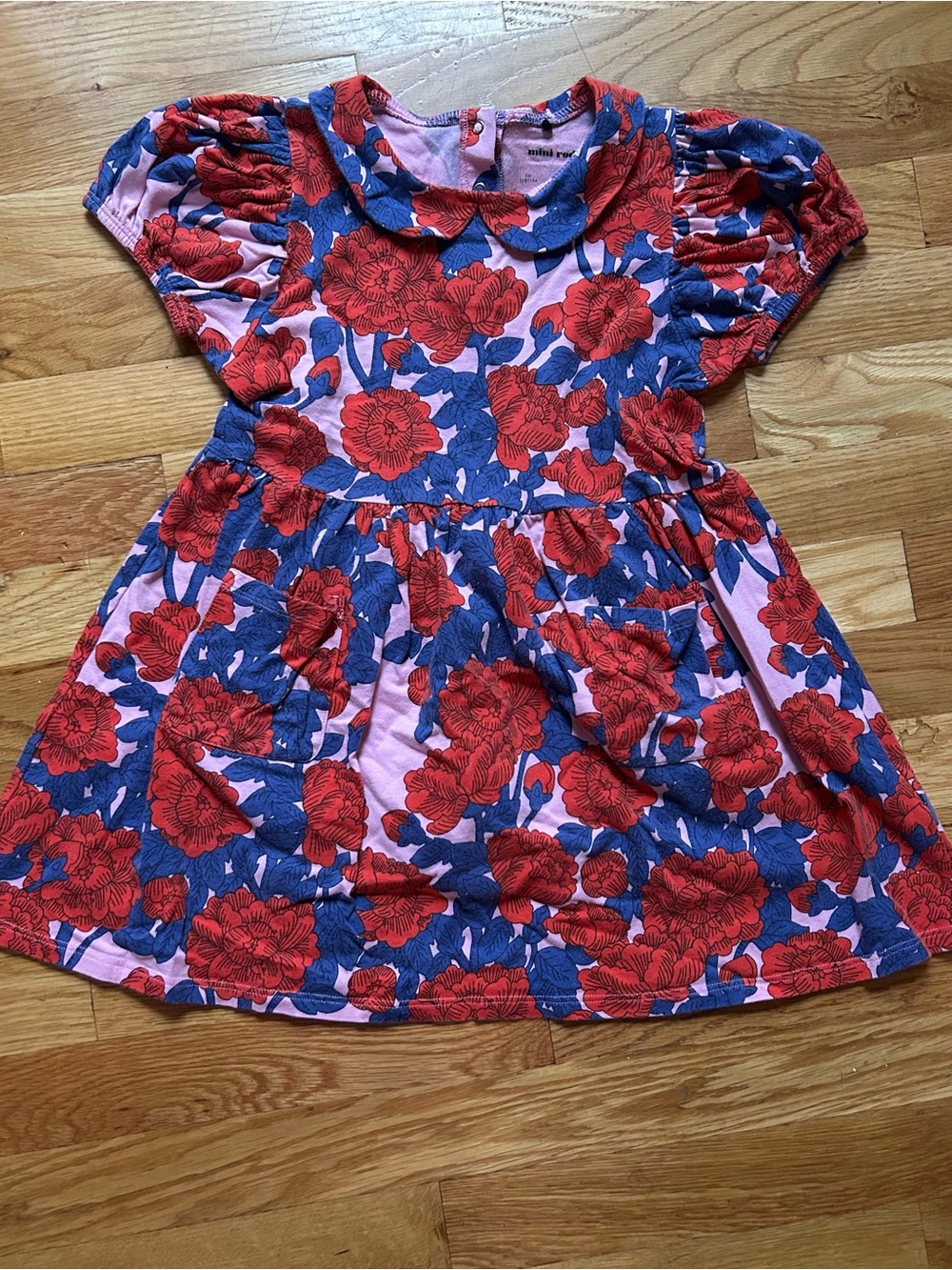 Mini Rodini Peony Dress w/puff sleeves, Peter Pan Collar, Red Blue & Pink - 8-9y